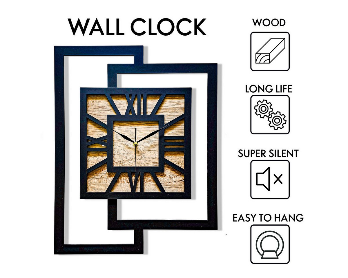 ORNAMENTI Wanduhr Grosse, moderne, geometrisch, Holz, hingucker, Loft, Rechteck (römisch, römische Ziffern, ohne Ticken, Wanddeko) – Bild 3 von 5
