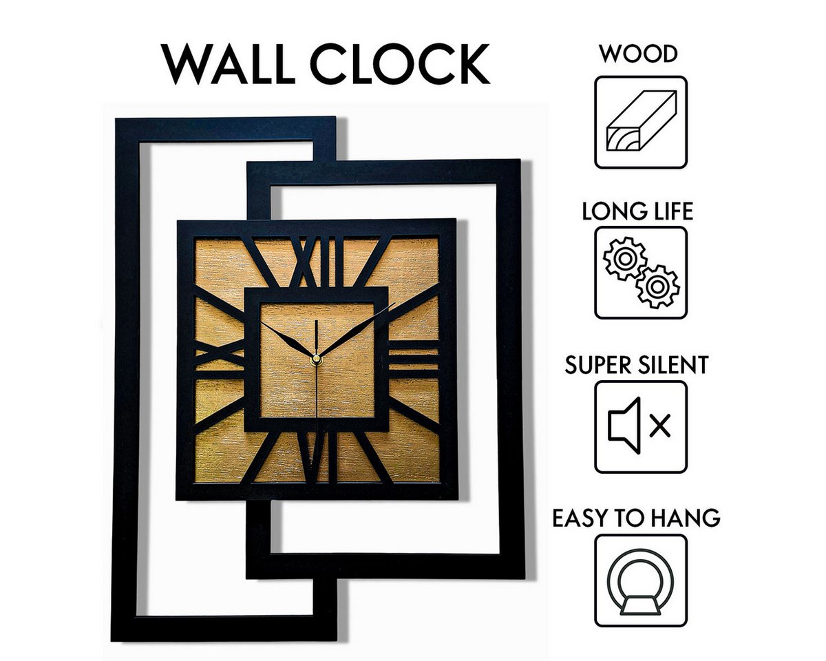 ORNAMENTI Wanduhr Grosse, moderne, geometrisch, Holz, hingucker, Loft, Rechteck (römisch, römische Ziffern, ohne Ticken, Wanddeko) – Bild 3 von 5