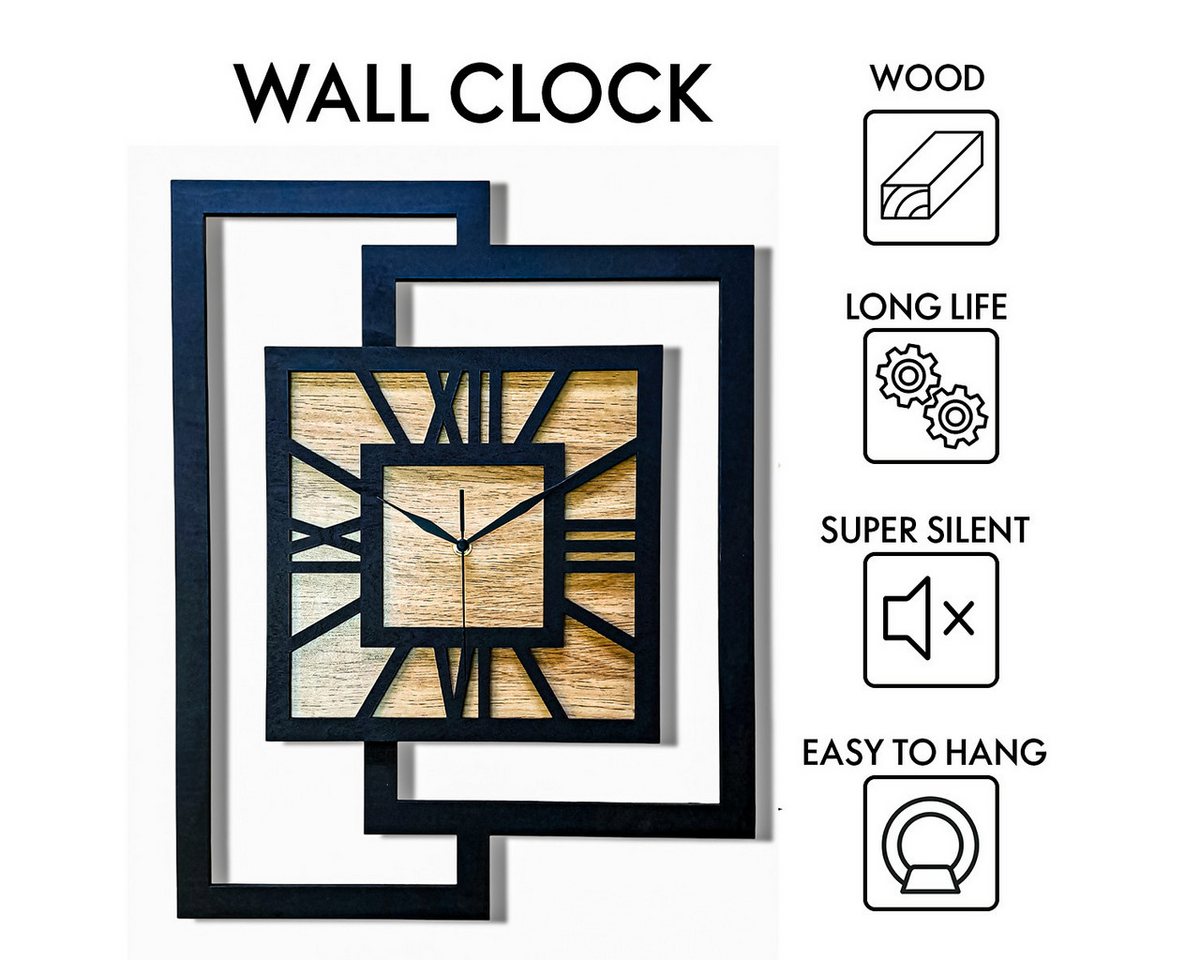ORNAMENTI Wanduhr Große handgefertigte, moderne, aus Holz, Hingucker, 44 x 56 cm, Eiche (Rechteckig vertikal ohne Tickgeräusche für Wohnzimmer lesbare Ziffern) – Bild 3 von 5