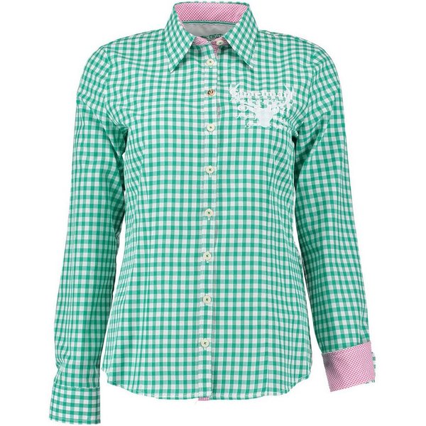OS Trachten Trachtenbluse Pidara Tailliert, Kontraststoff, Schriftzug und Hirsch auf Brust