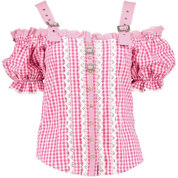 OS Trachten Trachtenbluse Ximira Tailliert, Bluse mit Trägern, Puffärmel, Schnallen, Rüschen