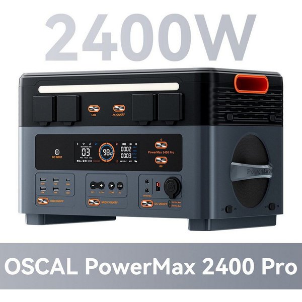 OSCAL Stromerzeuger Powerstation 2016Wh 2400W LiFePO4 Speicher für Zuhause & Notstrom, 2,4 in kW, (1-tlg), 2-in-1 Balkon-Solar, kabellos stackbar,Bluetooth-Laut