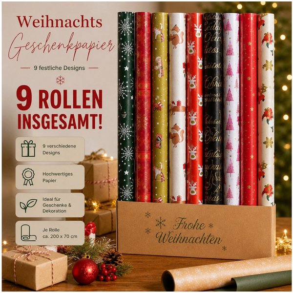 Osma Geschenkpapier 9 Rollen Weihnachten 200x70 cm Muster Mix, Weihnachten (9St)