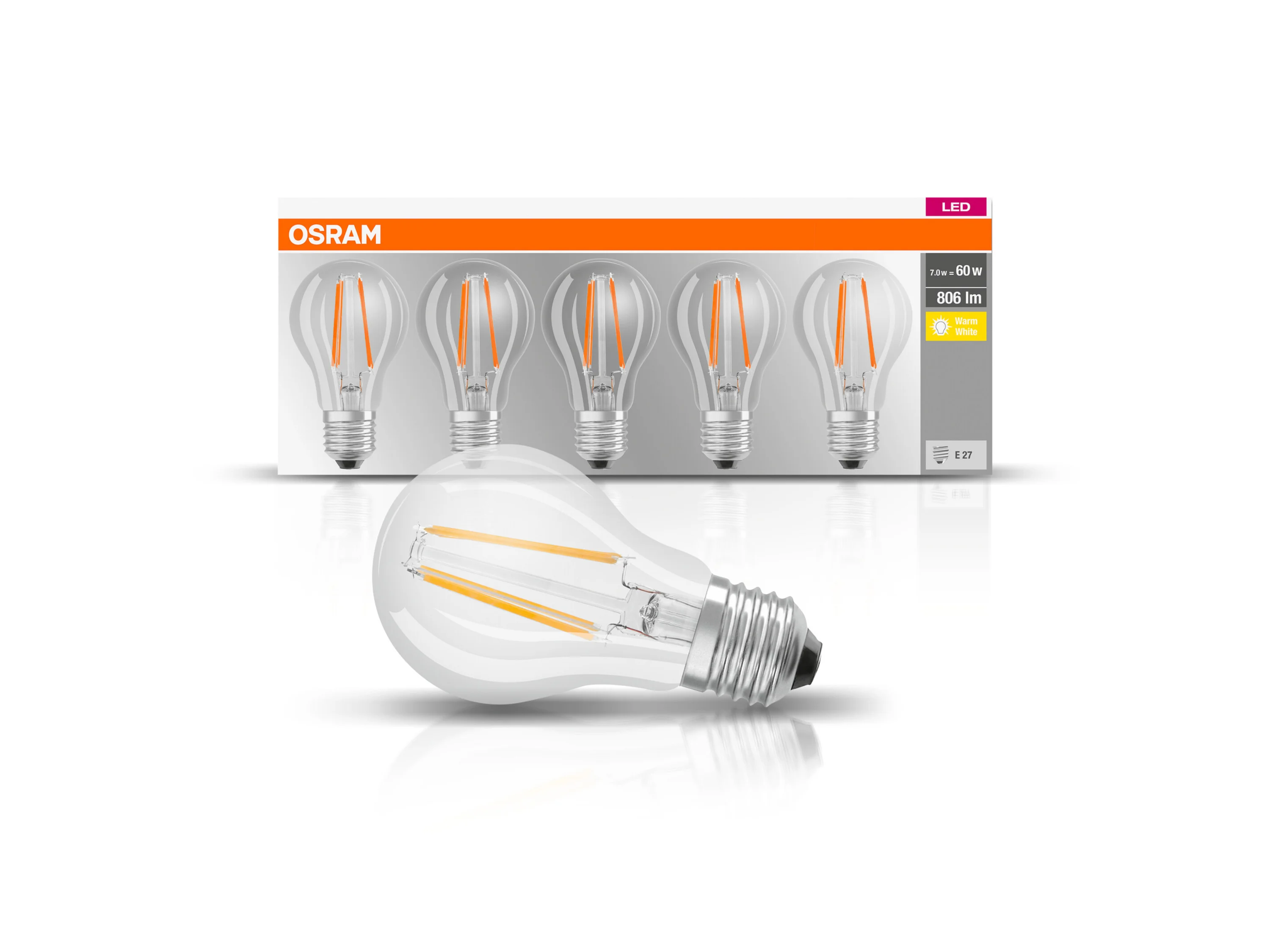 OSRAM LED-Leuchtmittel »Base Classic«, 5 Stück (CLA60, E27, 806lm, 2700 K, Klar) – Bild 3 von 3