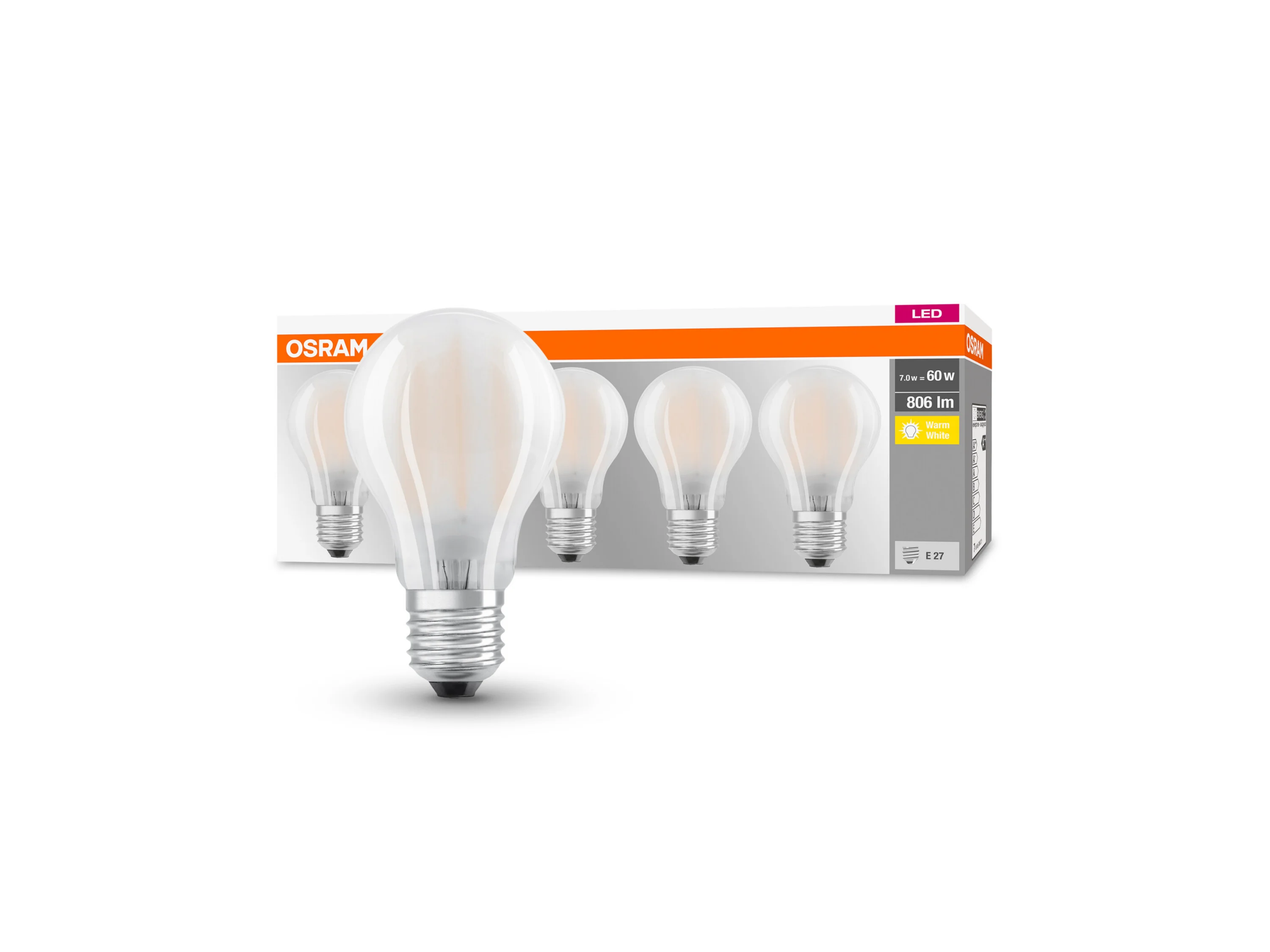 OSRAM LED-Leuchtmittel »Base Retro«, 5 Stück (CLA60, E27, 806lm, 2700 K, Matt) – Bild 3 von 3
