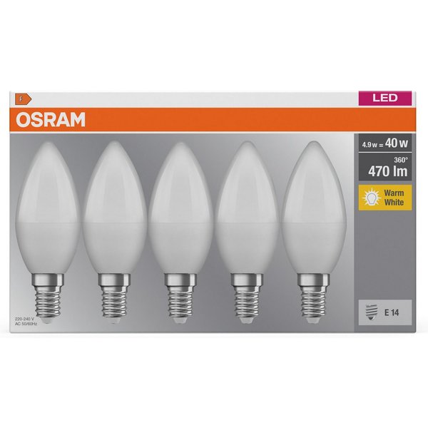 Osram LED-Leuchtmittel LED BASE Classic B40, Filament, E14, 5 St., Warmweiß
