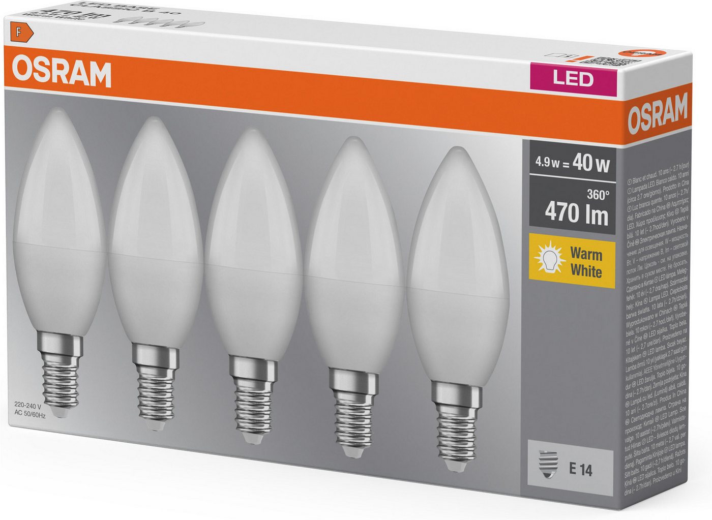 Osram LED-Leuchtmittel LED BASE Classic B40, Filament, E14, 5 St., Warmweiß – Bild 3 von 3