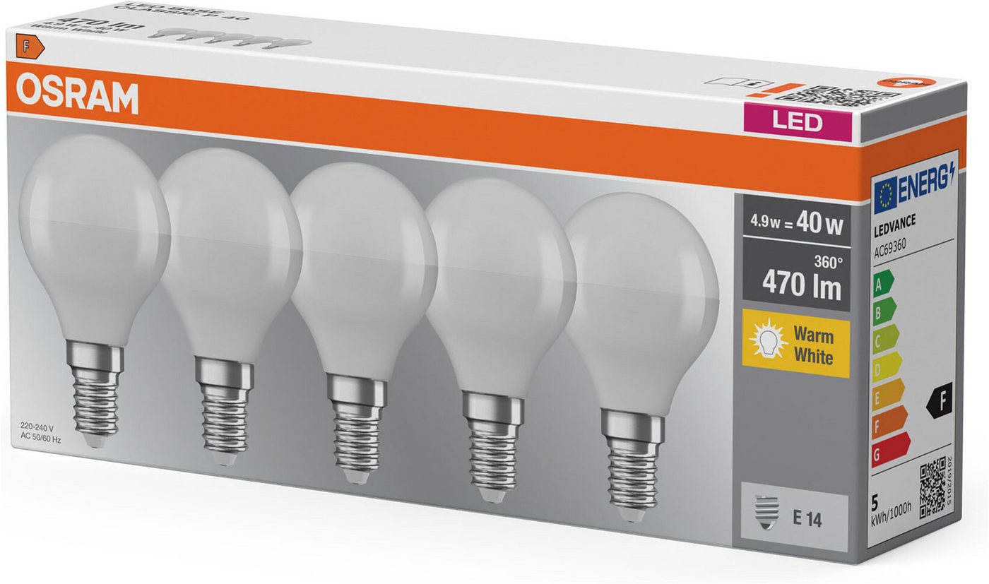 Osram LED-Leuchtmittel LED BASE Tropfenform, E14, 5 St., Warmweiß – Bild 3 von 4