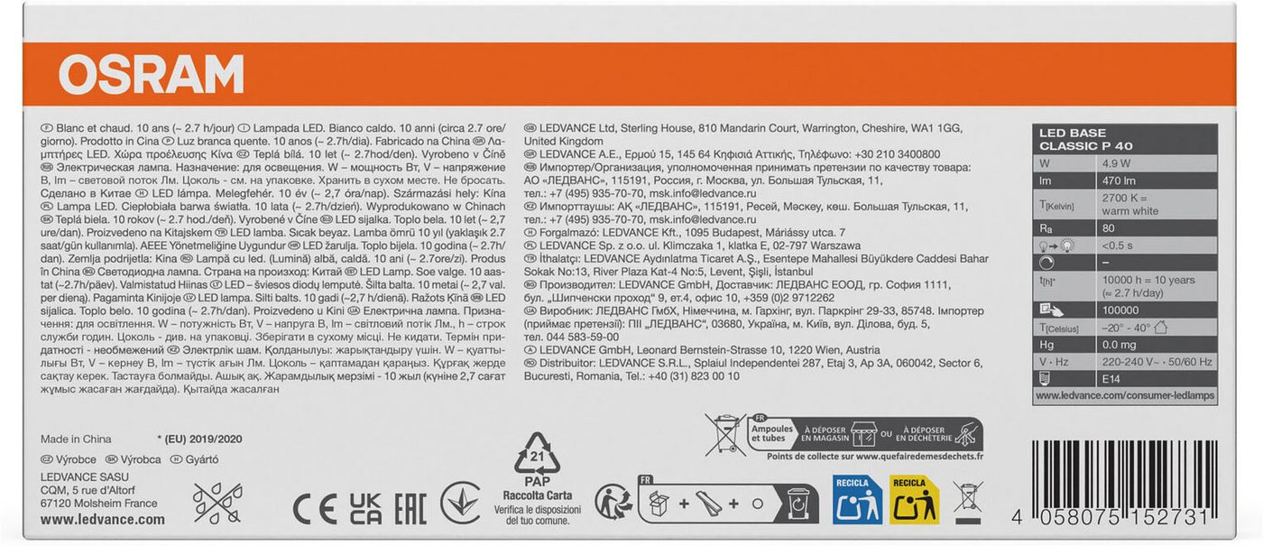 Osram LED-Leuchtmittel LED BASE Tropfenform, E14, 5 St., Warmweiß – Bild 4 von 4