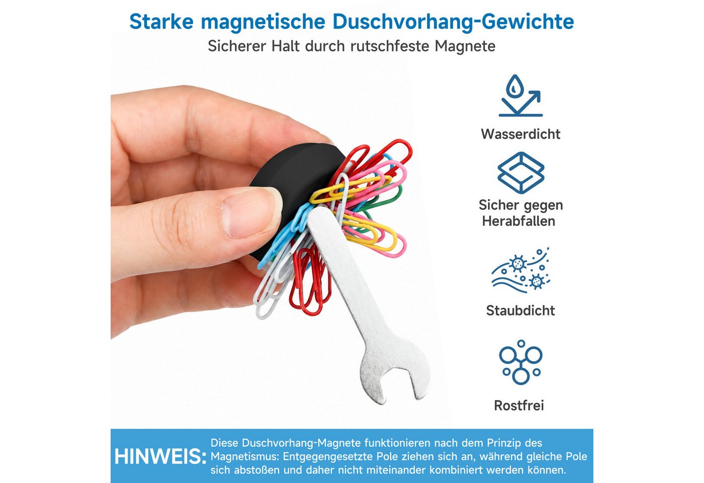 OSTWOLKE Duschrollo Duschvorhanggewichte Duschvorhangmagnete mit Silikonbeschichtung (5 Paar), Rostfrei, gegen Wegwehen durch den Wind – Bild 2 von 5