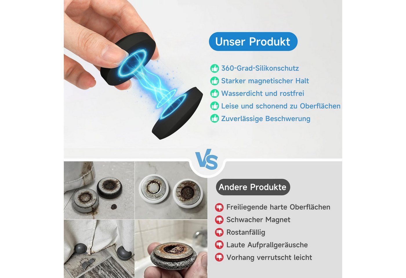 OSTWOLKE Duschrollo Duschvorhanggewichte Duschvorhangmagnete mit Silikonbeschichtung (5 Paar), Rostfrei, gegen Wegwehen durch den Wind – Bild 4 von 5