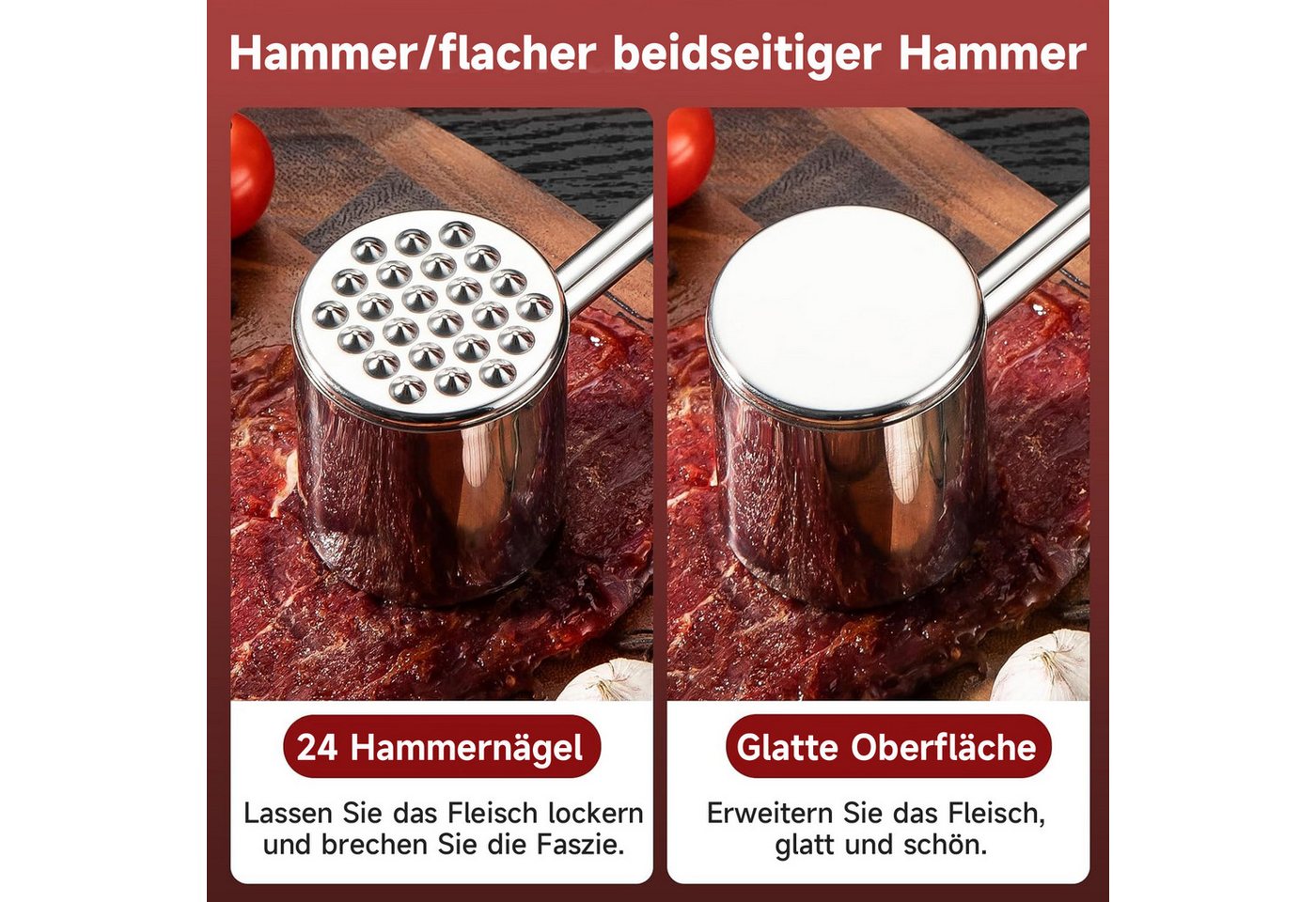 OSTWOLKE Fleischhammer Doppelseitig Fleischklopfer 304 Edelstahl Fleisch Hammer Silber – Bild 2 von 5