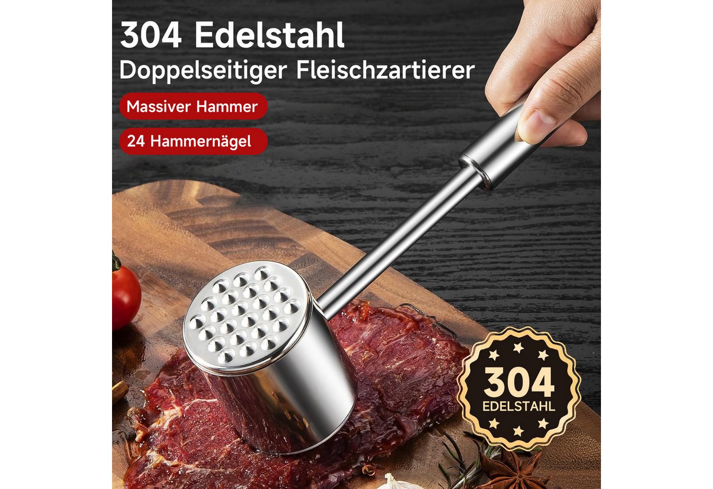 OSTWOLKE Fleischhammer Doppelseitig Fleischklopfer 304 Edelstahl Fleisch Hammer Silber – Bild 3 von 5