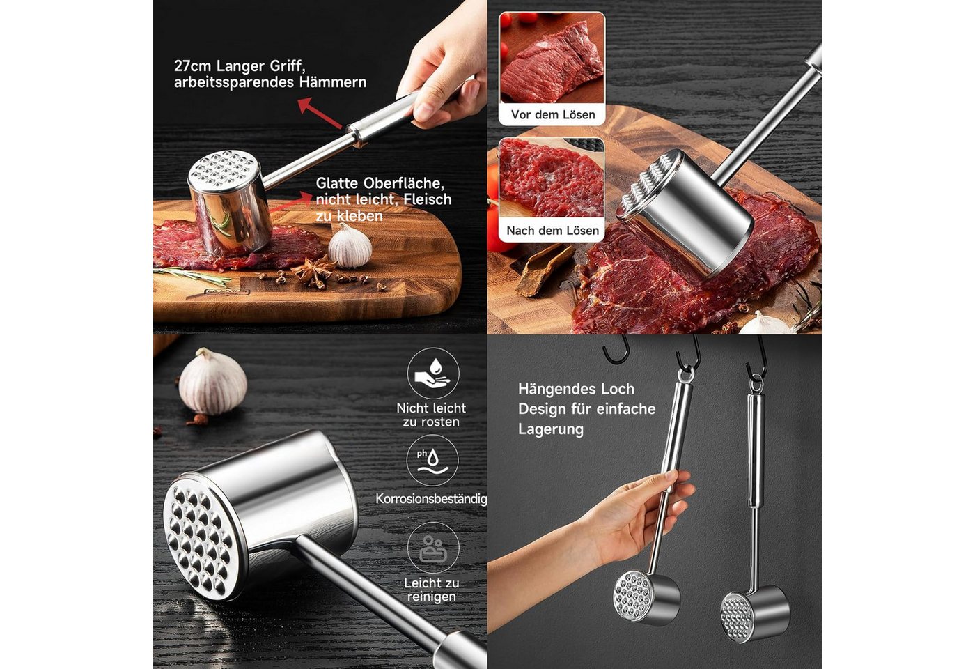 OSTWOLKE Fleischhammer Doppelseitig Fleischklopfer 304 Edelstahl Fleisch Hammer Silber – Bild 4 von 5