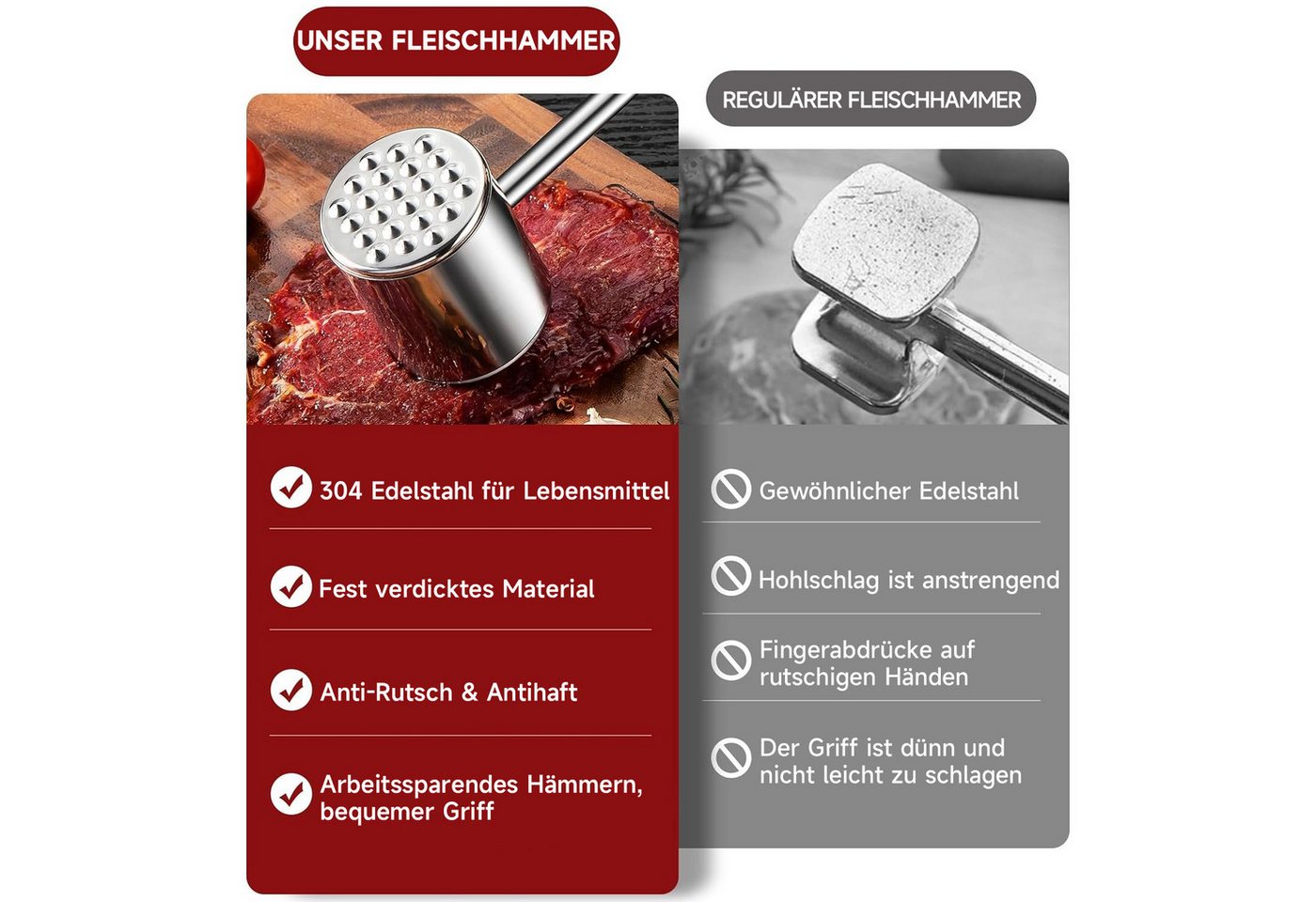 OSTWOLKE Fleischhammer Doppelseitig Fleischklopfer 304 Edelstahl Fleisch Hammer Silber – Bild 5 von 5