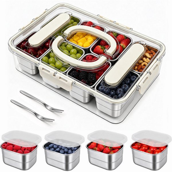 OSTWOLKE Frischhaltedose Snackbox mit 8 Fächern aus Edelstahl, Snackschale mit Deckel und Griff, Edelstahl 304 + PP, Snackbox für Obst, Gemüse, Kekse, Nüsse, Sn