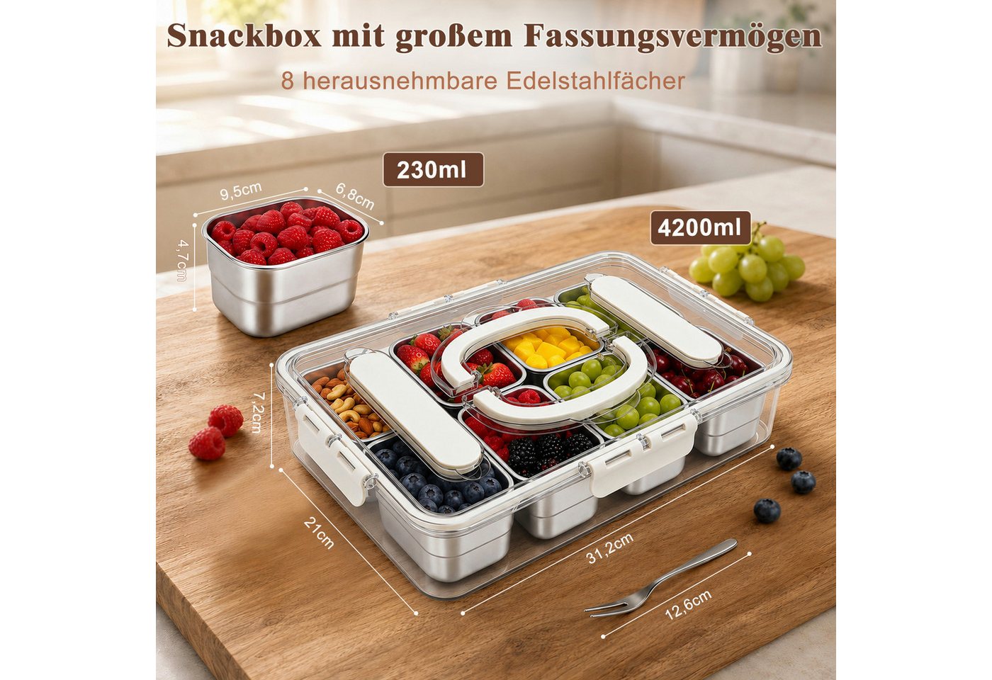OSTWOLKE Frischhaltedose Snackbox mit 8 Fächern aus Edelstahl, Snackschale mit Deckel und Griff, Edelstahl 304 + PP, Snackbox für Obst, Gemüse, Kekse, Nüsse, Sn – Bild 2 von 5