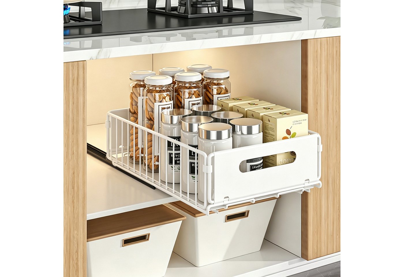 OSTWOLKE Küchenorganizer-Set Teleskopschublade, Faltbare Ausziehbarer Schrank Organizer, Kein Bohren Pull Out Cabinet organizer, Küchenschrank Organizer – Bild 4 von 5