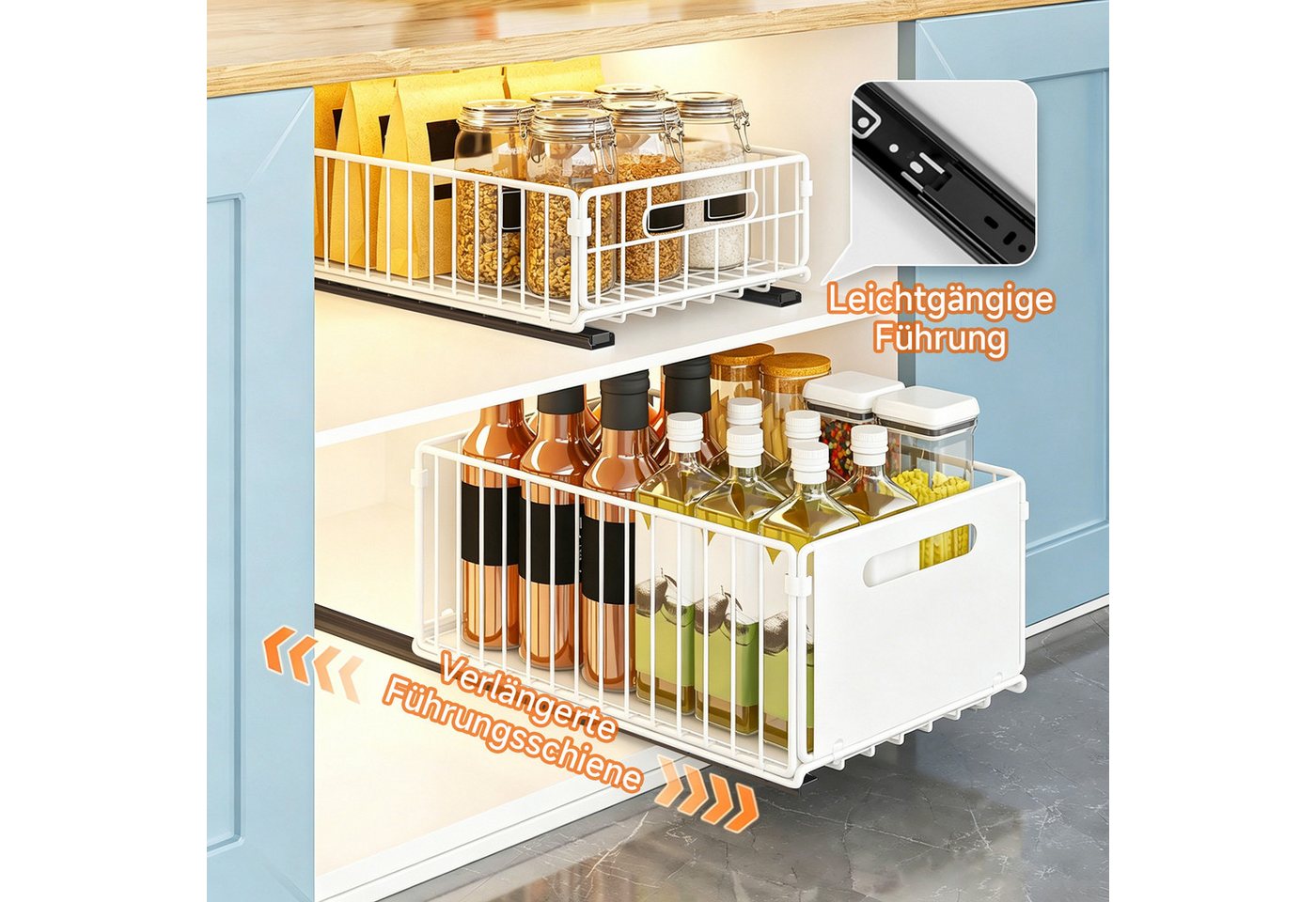 OSTWOLKE Küchenorganizer-Set Teleskopschublade, Faltbare Ausziehbarer Schrank Organizer, Kein Bohren Pull Out Cabinet organizer, Küchenschrank Organizer – Bild 5 von 5