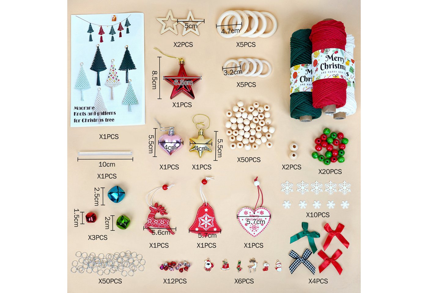 OSTWOLKE Makramee Garn Set DIY Makramee Weihnachtsdeko Set mit Anleitung Bastelgarn, (1-St) – Bild 2 von 5