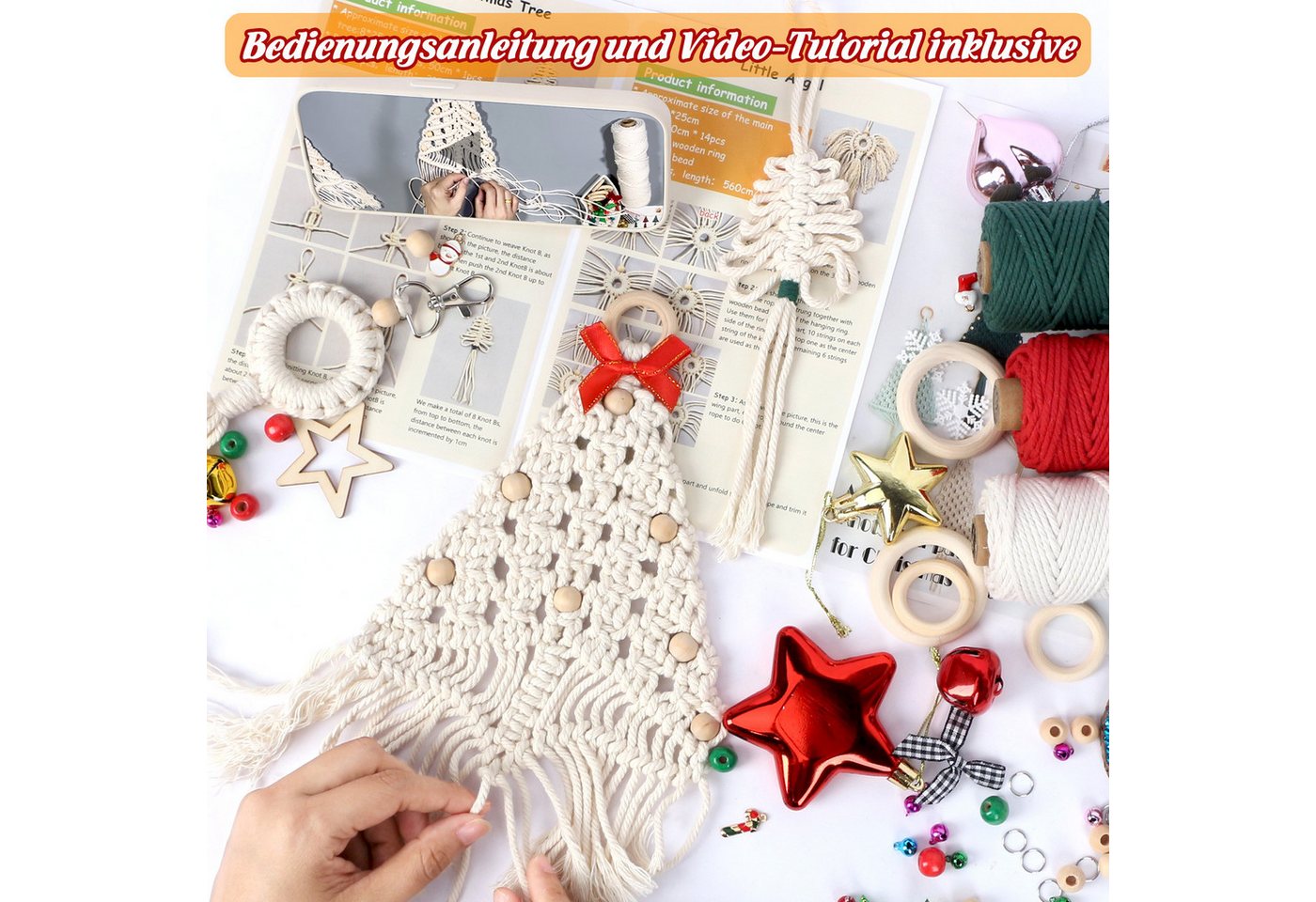OSTWOLKE Makramee Garn Set DIY Makramee Weihnachtsdeko Set mit Anleitung Bastelgarn, (1-St) – Bild 4 von 5