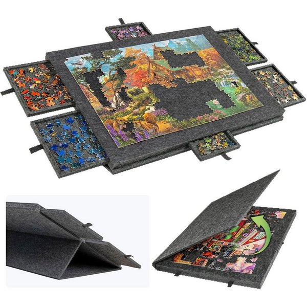 OSTWOLKE Puzzleunterlage Neigbares Puzzlebrett aus Filz mit 6 Schubladen 1000/ 2000Teil, 2-in-1 Puzzle-Aufbewahrungsbrett mit Ständer & Abdeckung