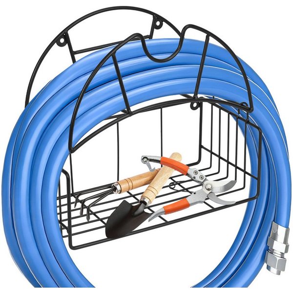 OSTWOLKE Schlauchhalterung Gartenschlauchhalter Wasserschlauchhalter mit Werkzeugablage, (wandmontierter Outdoor-Schlauchständer für draußen Garten Hof Garage)