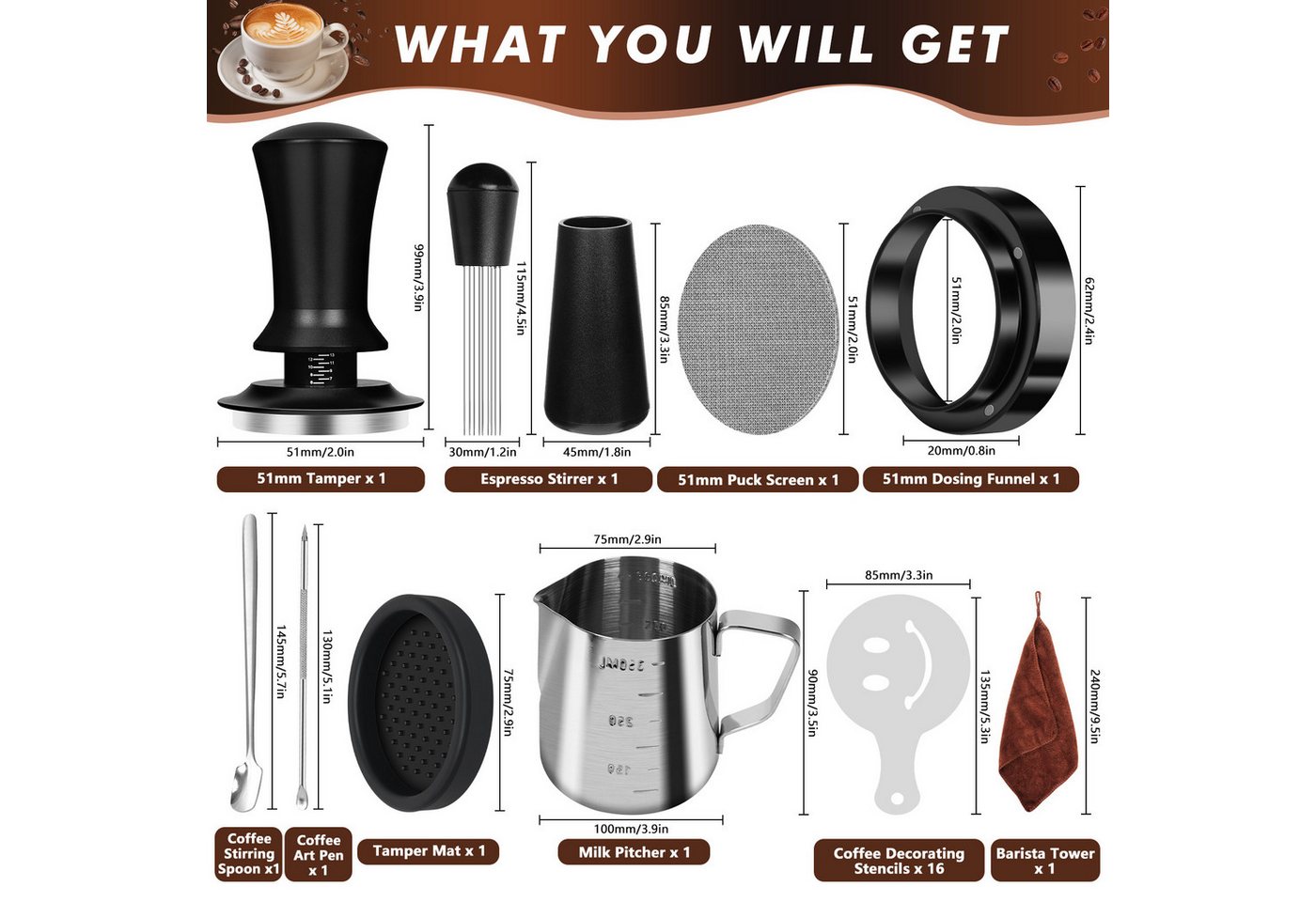 OSTWOLKE Tamper Kaffee Tamper 51mm Set, 25-teiliges Barista Zubehör Set – Bild 2 von 5