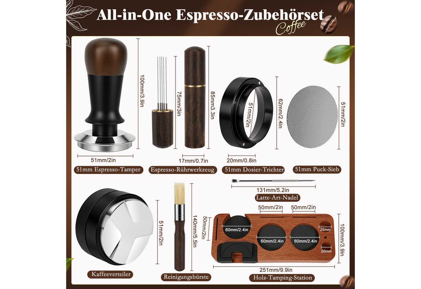 OSTWOLKE Tamperstation 51mm Espresso Tamper mit Tamperstation Kaffeeverteiler WDT Tool Holz – Bild 2 von 5
