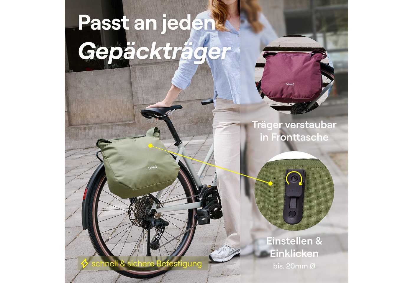 otinga Fahrradtasche - Shopper, Moderne Einkaufstasche, wasserdichte Fahrradtasche, Kompakte Schultertasche in grün, 14L – Bild 2 von 5