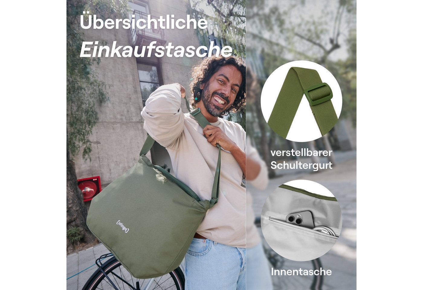 otinga Fahrradtasche - Shopper, Moderne Einkaufstasche, wasserdichte Fahrradtasche, Kompakte Schultertasche in grün, 14L – Bild 3 von 5