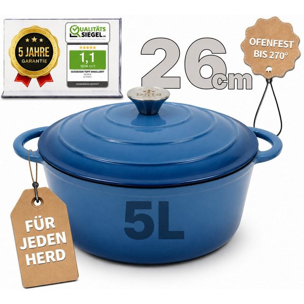 Ottia Schmortopf Gusseisen Topf lc, 26cm groß, 5L, Bräter, Brotbacktopf mit E-Book., Gusseisen, 3-fach Emaille, Händler aus Hamburg