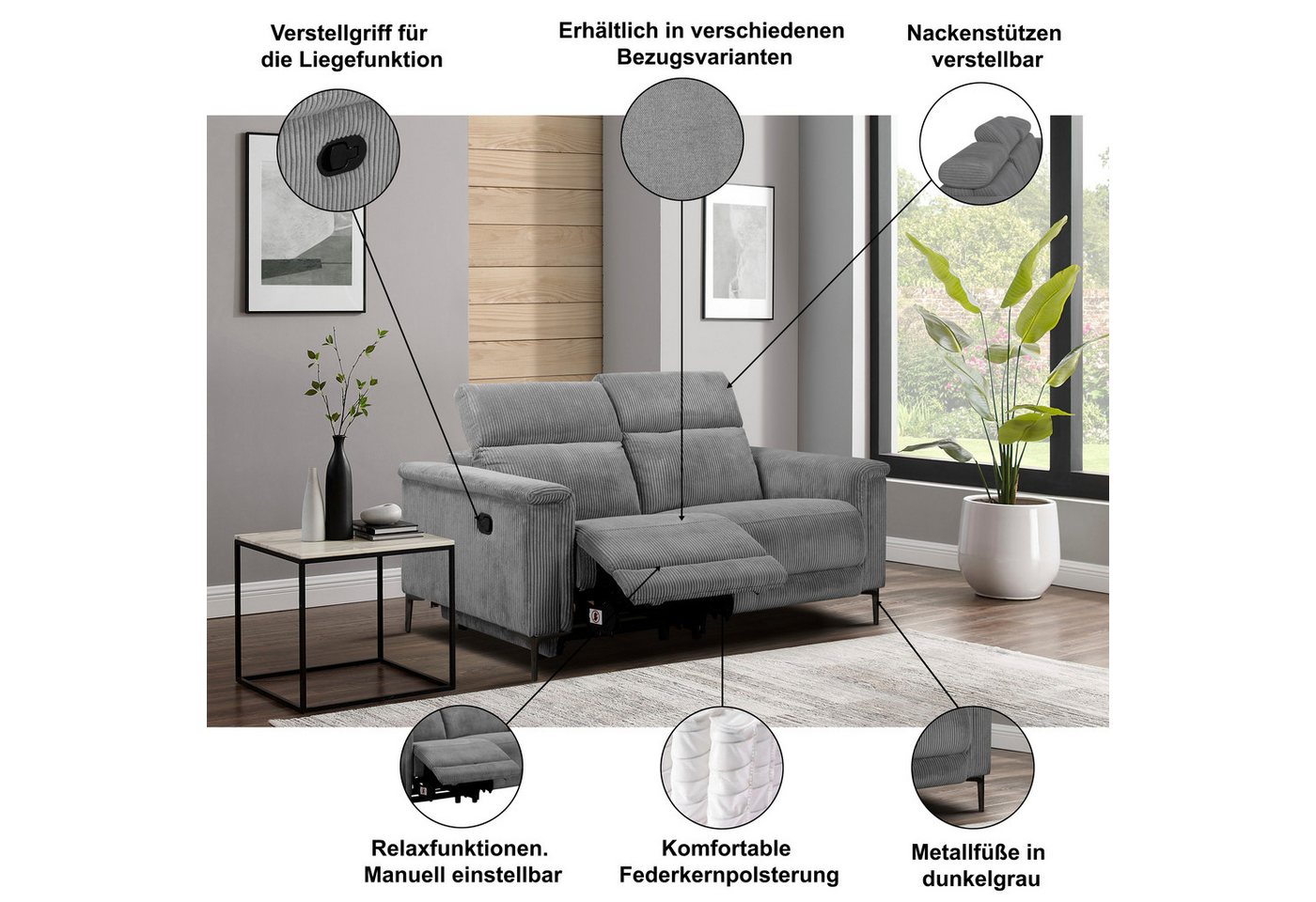 OTTO home 2-Sitzer LUND, 160 cm, mit Relaxfunktion und Kopfteilverstellung, manuell od. elektrisch (m.USB-C), Echtleder, Kunstleder, Webstoff – Bild 3 von 5