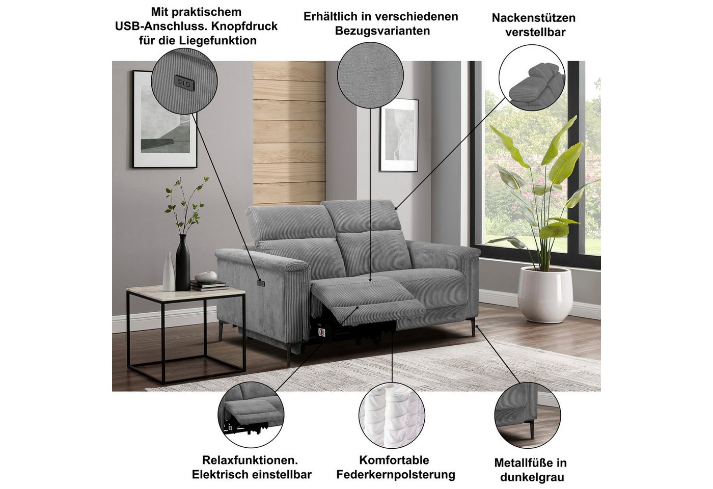 OTTO home 2-Sitzer LUND,Struktur-Bezug, 160 cm, mit Relaxfunktion und Kopfteilverstellung, manuell od. elektrisch (m.USB-A), Federkern und Kopfteilverstellung – Bild 3 von 5