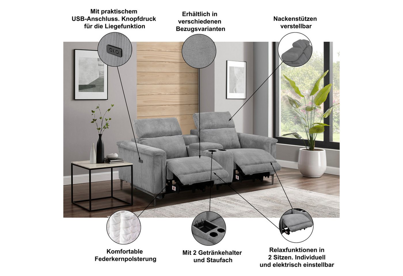 OTTO home 2-Sitzer LUND,Lederoptik, Kinosofa, Relaxfunktion, TV-Sessel, man./elektrisch, elektri. mit USB-A, Kopfteilverstellung, Getränkehalter u. Staufach – Bild 3 von 5