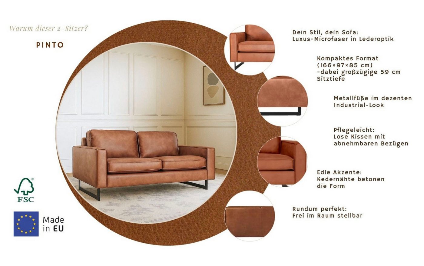 OTTO home 2-Sitzer Pinto, 166 cm, Cord, Chenille, Lederoptik, mit Keder, schwarze Metallfüße, Wellenunterfederung – Bild 3 von 5