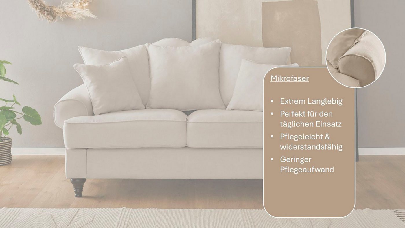 OTTO home 2-Sitzer Westminster, Sofa im Landhausstil, Couch mit Zierkissen, Federkern-Polsterung, gedrechselter Fuß, hochwertiger Microfaserbezug – Bild 3 von 5