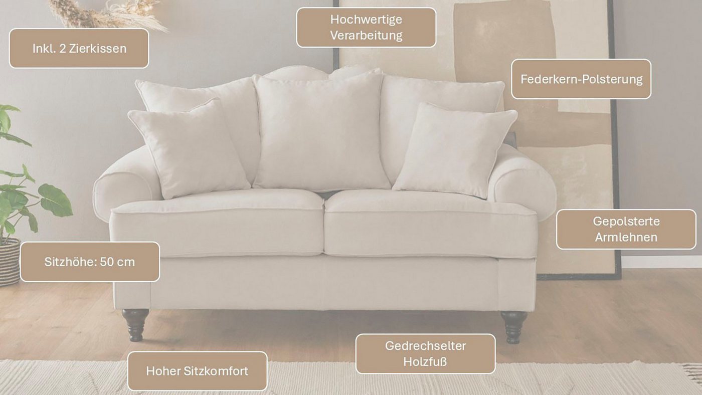 OTTO home 2-Sitzer Westminster, Sofa im Landhausstil, Couch mit Zierkissen, Federkern-Polsterung, gedrechselter Fuß, hochwertiger Microfaserbezug – Bild 4 von 5