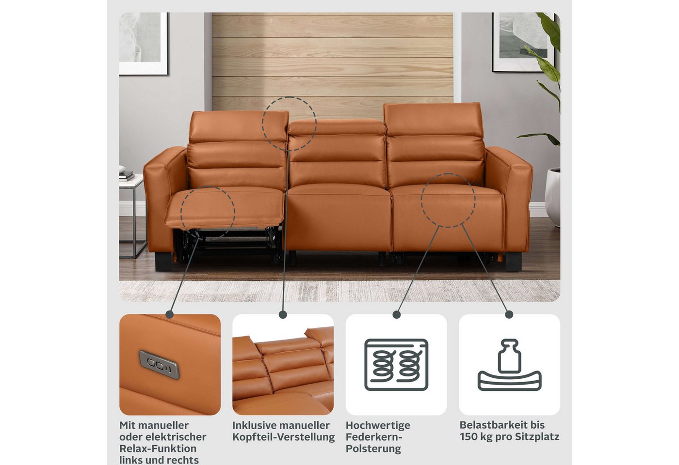 OTTO home 3-Sitzer Carpari Webstoff, 224 cm, man./elektr. Relaxfunktion, (USB A/C), sowie Kopfteilverstellung – Bild 3 von 5