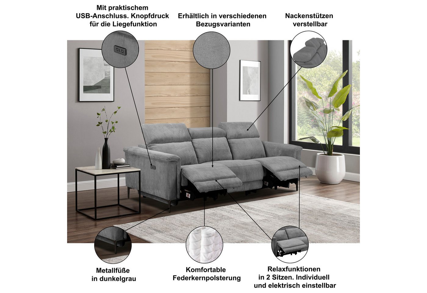 OTTO home 3-Sitzer LUND,Naturleder, 222 cm, man. o. elektr. Relaxfunktion in 2 Sitzen, (links/rechts), USB-A bei elektrischer Ausführung, Kopfteilverstellung – Bild 3 von 5