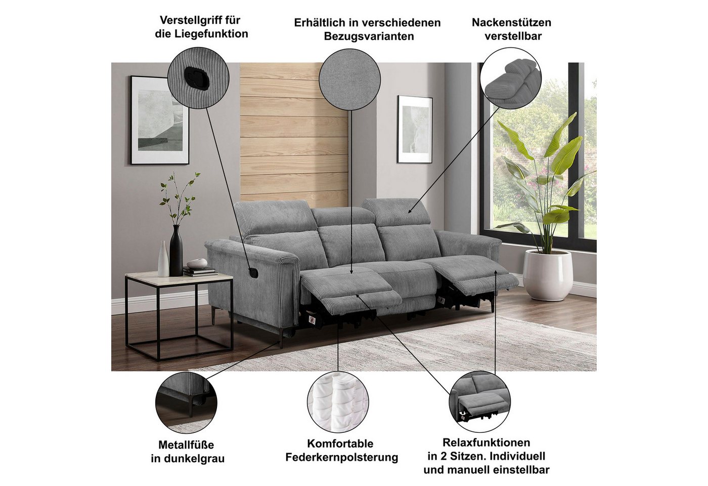 OTTO home 3-Sitzer LUND,Lederoptik, 222 cm, man. o. elektr. Relaxfunktion in 2 Sitzen, (links/rechts), USB-A bei elektrischer Ausführung, Kopfteilverstellung – Bild 3 von 5