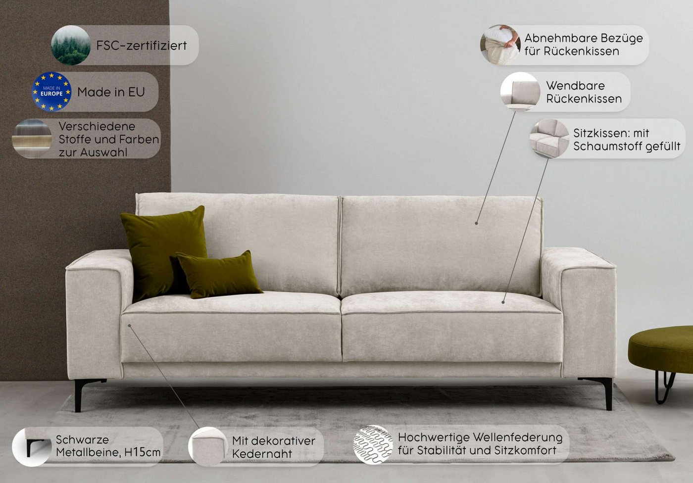OTTO home 3-Sitzer OLAND Chenille, Sofa, B: 224 cm, Skandi-Design – Bild 3 von 5