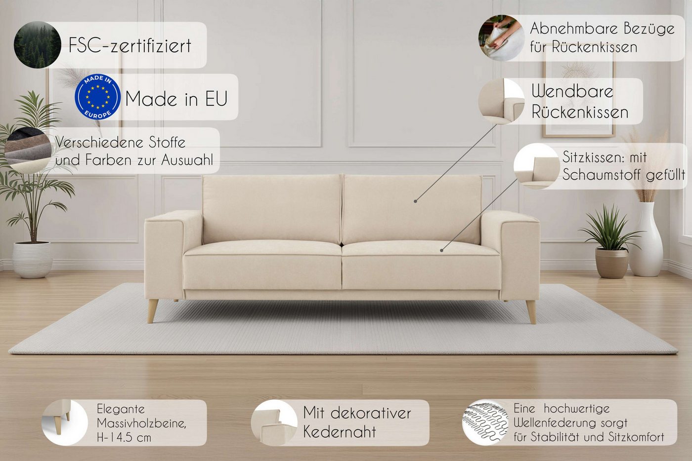 OTTO home 3-Sitzer Oland Skandi, weicher Chenille-Stoff, 224 cm, Wellenunterfederung, Skandi-Design, Massivholzfüße – Bild 3 von 5