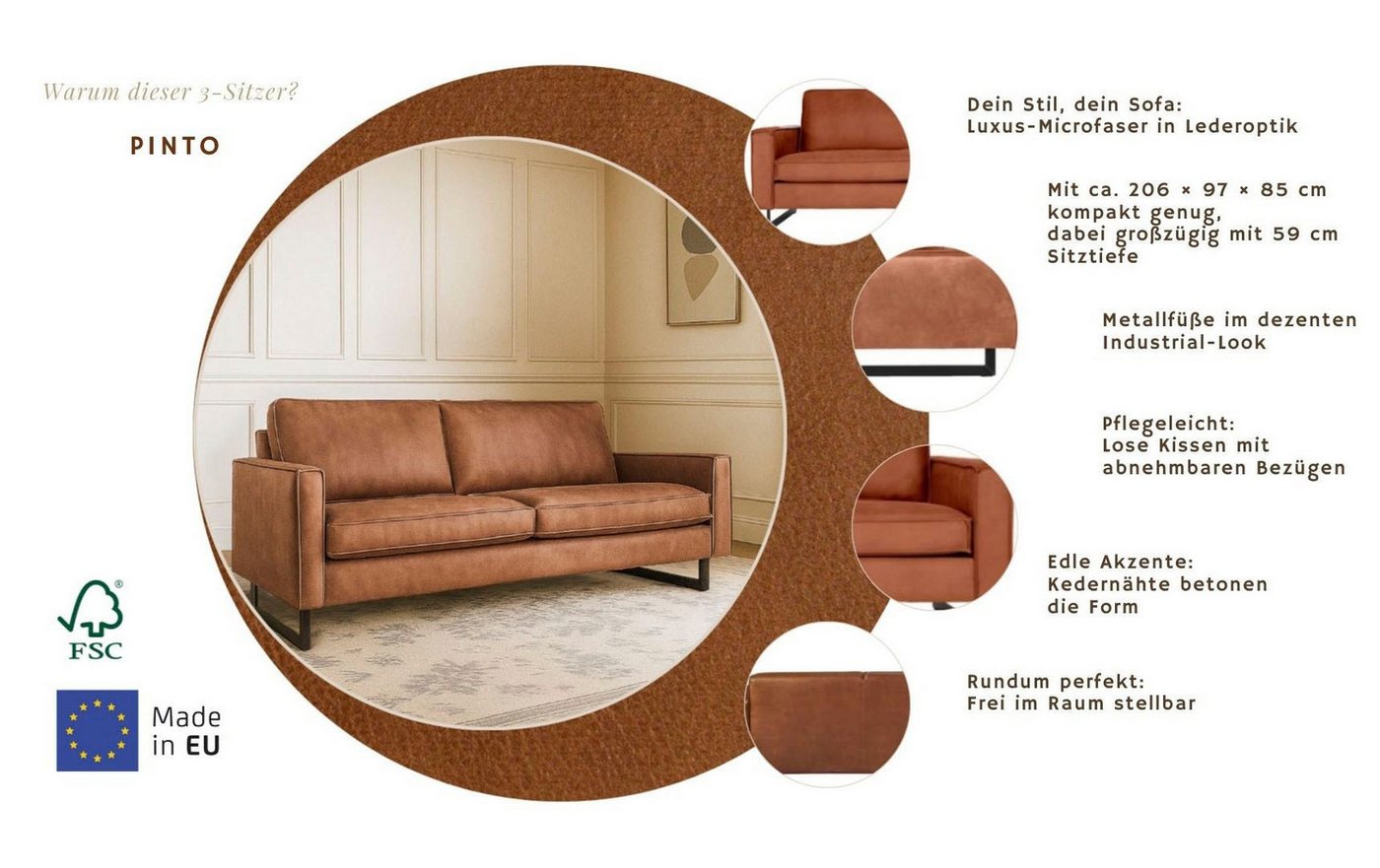 OTTO home 3-Sitzer Pinto, 206 cm, Cord, Chenille, Lederoptik, mit Keder, schwarze Metallfüße, Wellenunterfederung – Bild 3 von 5
