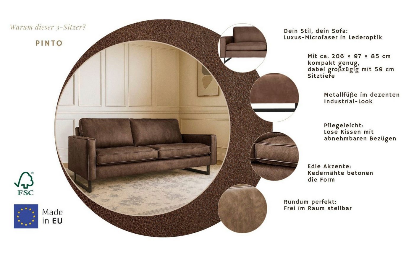 OTTO home 3-Sitzer Pinto, 206 cm, Cord, Chenille, Lederoptik, mit Keder, schwarze Metallfüße, Wellenunterfederung – Bild 3 von 5