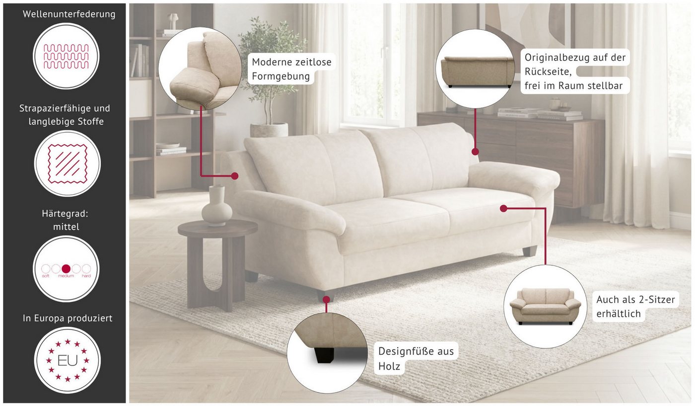 OTTO home 3-Sitzer Sillkeborg 207 cm, formschönes Sofa mit dunklen Füßen, aus pflegeleichtem, weichem Luxus-Microfaser – Bild 3 von 5