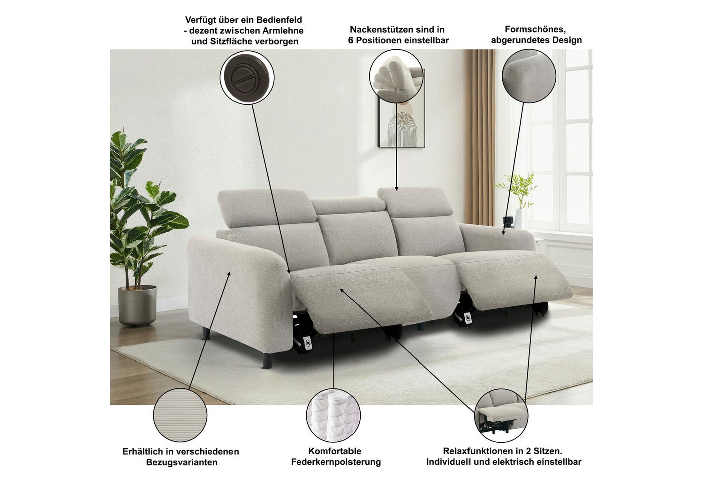 OTTO home 3-Sitzer SKAANE Cord-Sofa, 229 cm, manuelle u. elektrische Relaxfunktion, Relax-Funktion in 2 Sitzen, Kopfteilverstellung, Federkernpolsterung – Bild 3 von 5