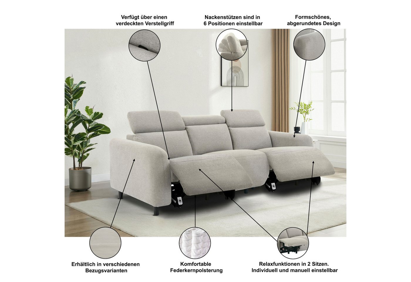 OTTO home 3-Sitzer SKAANE Struktur-Sofa, 229 cm, manuelle-u. elektrische Relaxfunktion, Relax-Funktion in 2 Sitzen, Kopfteilverstellung, Federkernpolsterung – Bild 3 von 5