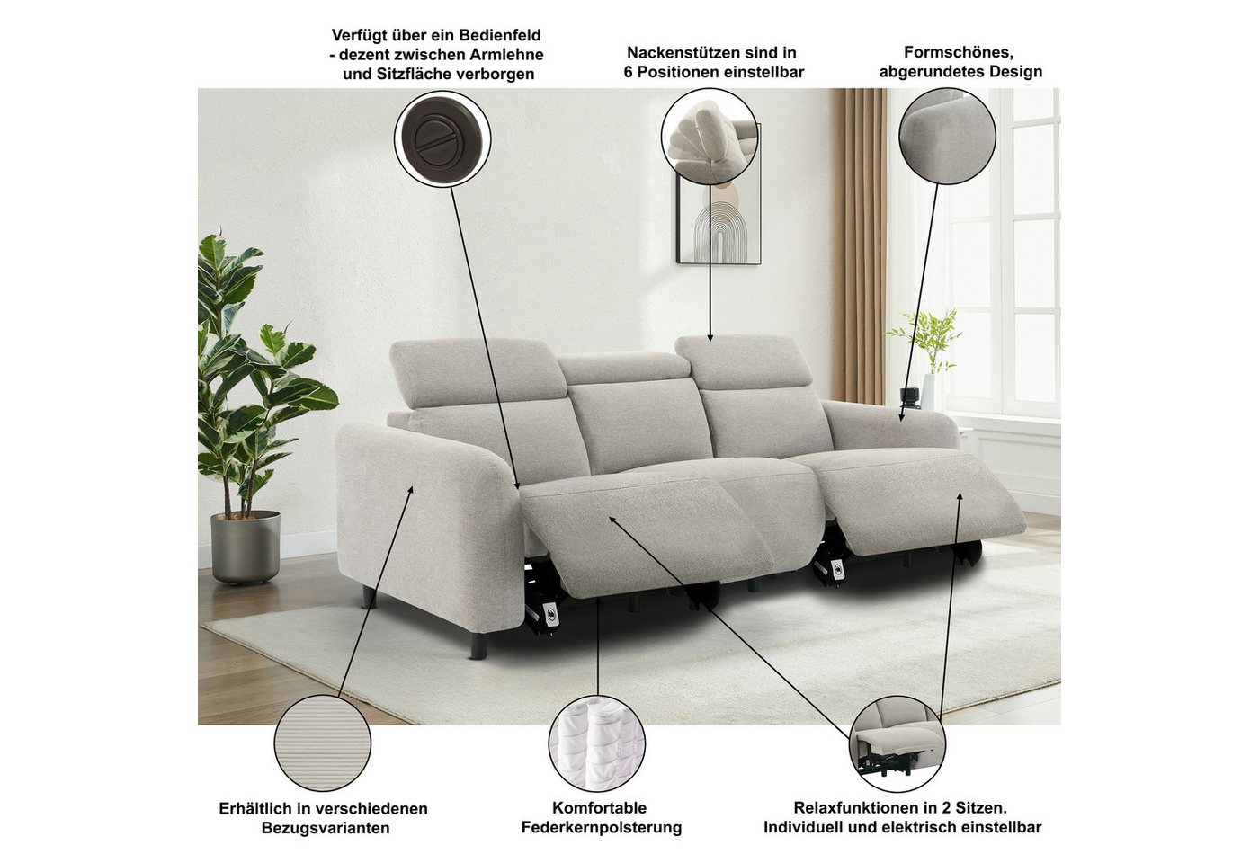 OTTO home 3-Sitzer SKAANE Struktur-Sofa, 229 cm, manuelle-u. elektrische Relaxfunktion, 229cm, Kopfteilverstllg. und man. o. elektr. Relaxfunktion in 2 Sitzen – Bild 3 von 5