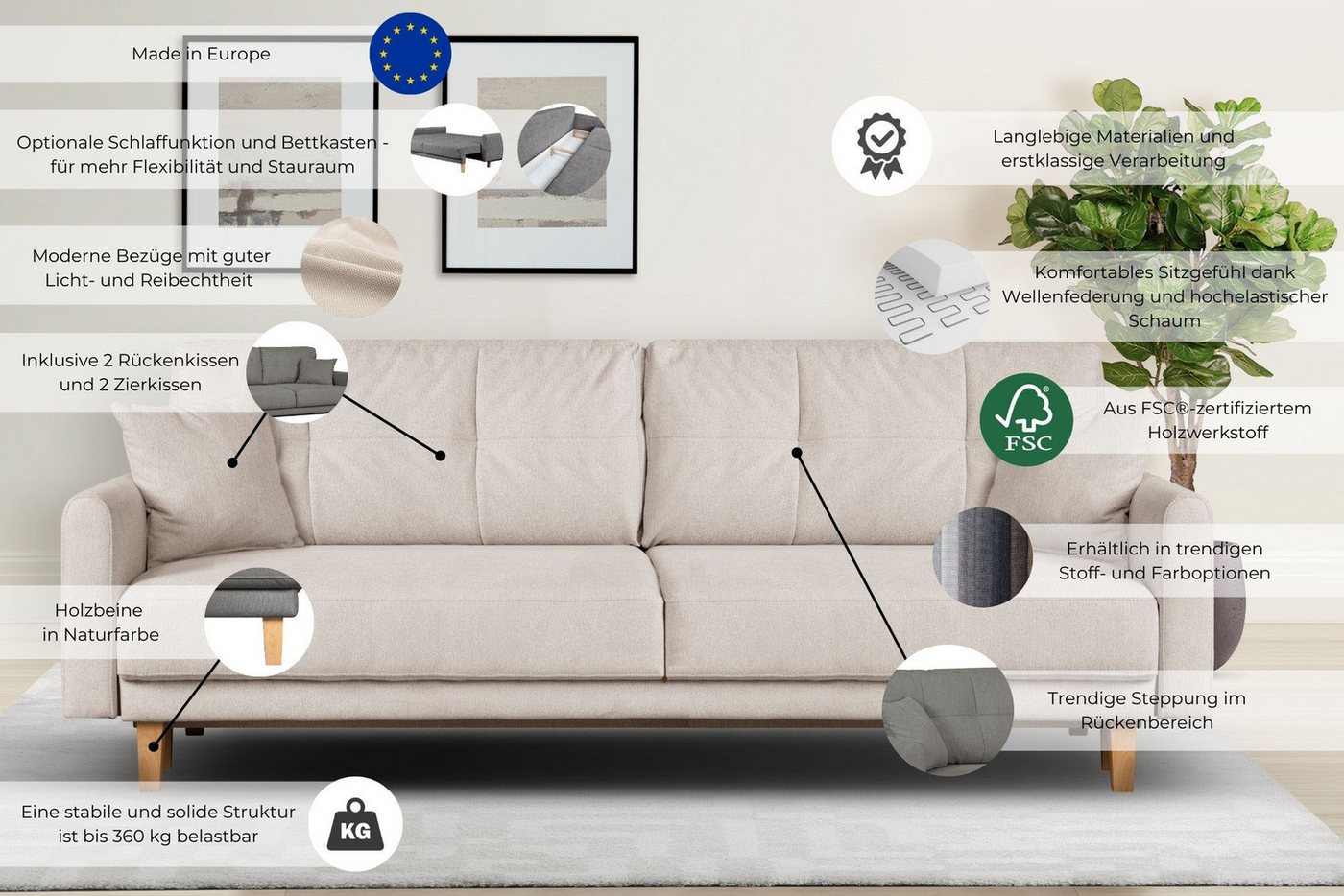 OTTO home 3-Sitzer TRIPLO optionale Schlafsofa mit Bettkasten, Maße B/T/H: 215/100/89 cm, Wahlweise Bettfunktion - Liegefläche 145x191 cm, Rücken-, Zierkissen – Bild 3 von 5
